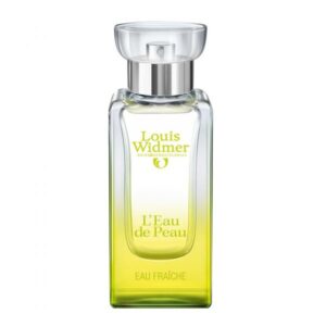 Flakon von L'Eau de Peau Eau Fraîche von Louis Widmer, mit transparentem Design und grünem Farbverlauf.