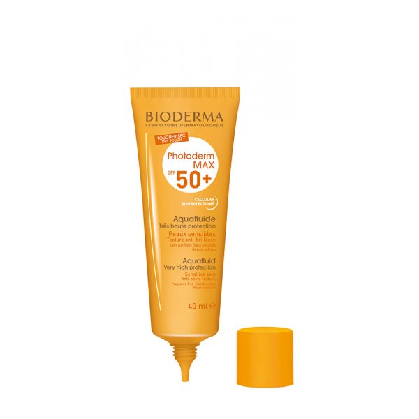 Sonnenschutzmittel in einer orangen Tube mit schwarzem Schriftzug, speziell für empfindliche Haut, SPF 50+.