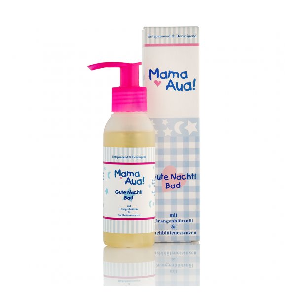 Flasche mit entspannendem Badeöl für Kinder, verpackt in einer bunten Box mit Aufschrift und Pumplieger.