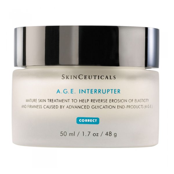 Gläserner Tiegel mit silbernem Deckel von SkinCeuticals, Inhalt behandelt reife Haut zur Verbesserung der Elastizität.