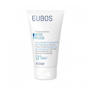 Tube mit EUBOS Anti-Schuppen Pflegeshampoo für trockene Kopfhaut, betont sanfte Reinigung und gesunde Kopfhaut.