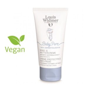 Tube mit Baby Pure Wind- und Wettercreme von Louis Widmer, vegan, mit abgebildetem Hasen und grüner Pflanzenmarkierung.