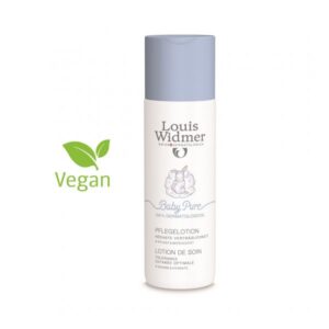 Flasche mit Babypflege-Lotion von Louis Widmer, vegan, mit abgerundetem Deckel und Illustrationen eines Kaninchens.