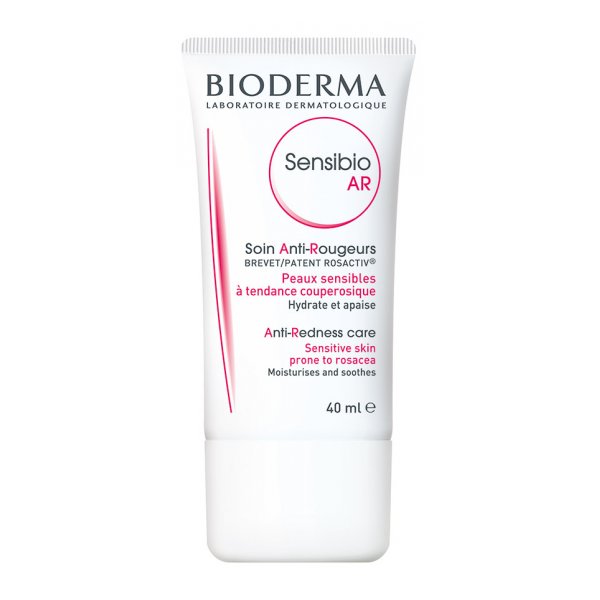 Bioderma Sensibio AR Gesichtscreme in einer weißen Tube mit rotem Akzent, 40 ml, für empfindliche, zu Rötungen neigende Haut.