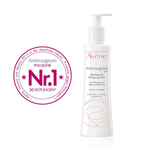 Flasche mit weißem Pumpverschluss, enthält beruhigende Reinigungslotion für empfindliche Haut. Logo: Nr. 1 bei Rötungen.
