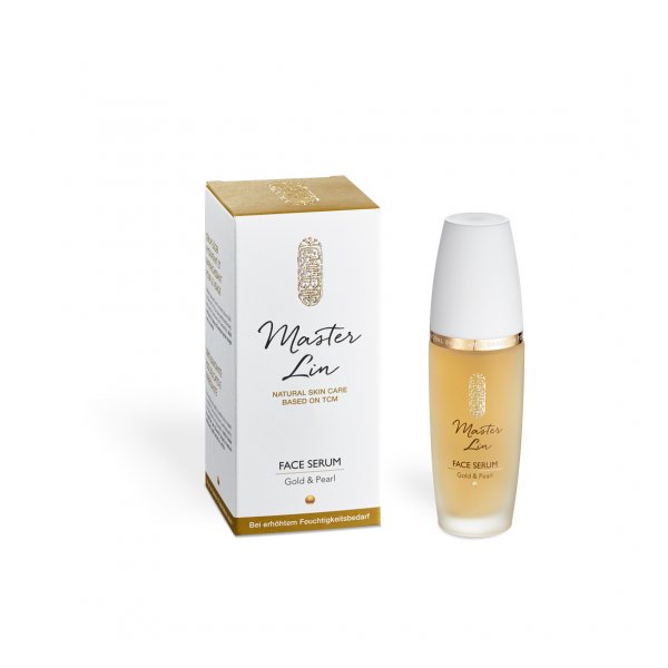 Flasche mit Face Serum von Master Lin in einer weißen und goldenen Verpackung, betont natürliche Hautpflege mit Gold und Perlen.