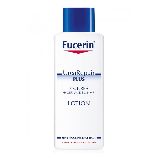 Flasche Eucerin UreaRepair PLUS Lotion mit 5% Urea und Ceramiden zur Pflege sehr trockener Haut.