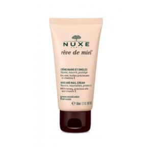 Hand- und Nagelcreme von Nuxex in einer 50ml-Tube, beige mit brauner Verschlusskappe, betont pflegende Inhaltsstoffe.