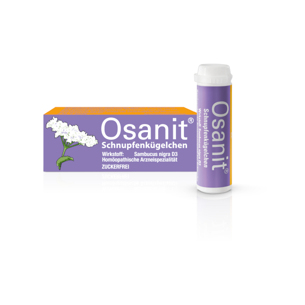 Verpackung von Osanit Schnupfenkügelchen, lila mit weißem Blütenmotiv, enthält Wirkstoff Sambucus nigra D3, zuckerfrei.
