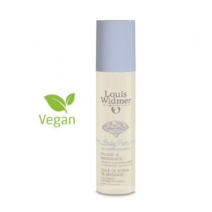 Flasche mit pflegendem Babyöl von Louis Widmer, vegan, mit hellblauem Deckel und der Aufschrift "Baby Pure".