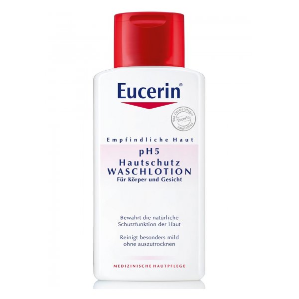 Flasche Eucerin pH5 Hautschutz Waschlotion für empfindliche Haut, mit rotem Deckel und beschreibendem Etikett.