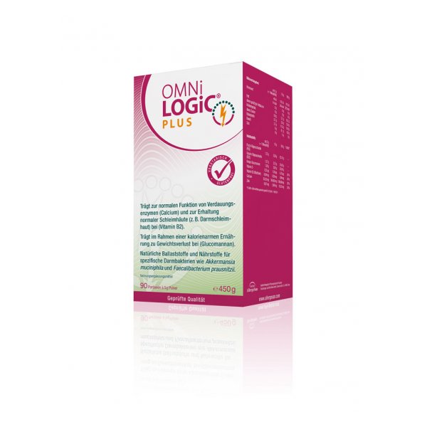 Verpackung von OMNi LOGiC PLUS, einem Nahrungsergänzungsmittel zur Unterstützung der Verdauung und Gesundheit der Schleimhäute.