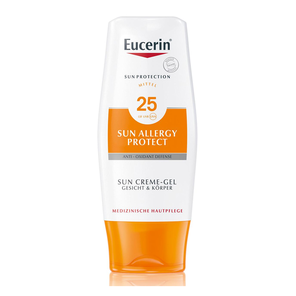 Eucerin Sonnencreme-Gel mit Lichtschutzfaktor 25, zur Hautpflege bei Sonnenallergie, in einer weißen Flasche mit orangefarbenem Etikett.