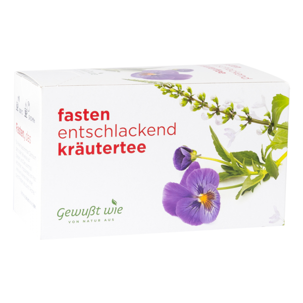 Verpackung von fastendem entlaffend Kräutertee mit violetten Blumen und grünen Kräutern auf der Box.