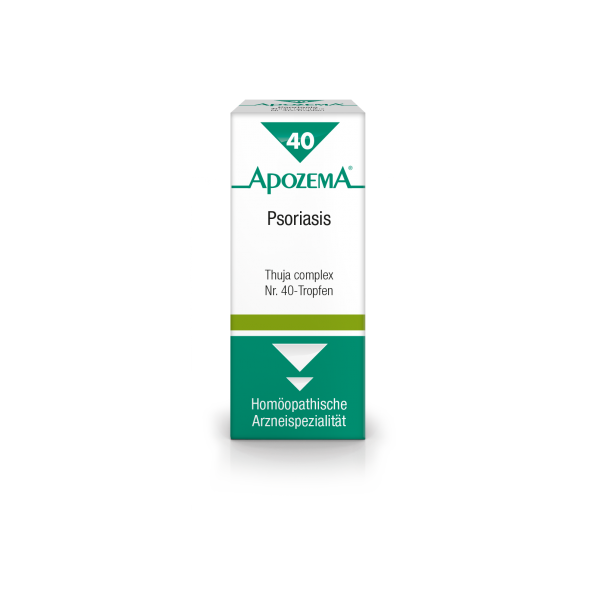 Packung mit homöopathischen Tropfen zur Behandlung von Psoriasis, beschriftet mit Thuja complex Nr. 40.