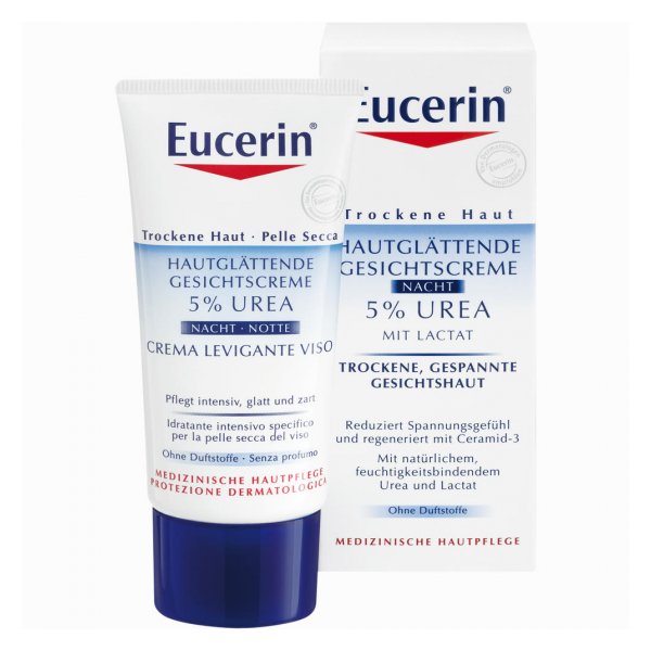 Eucerin Gesichtscreme zur Nacht mit 5% Urea in einer Tube, designed für trockene Haut, Verpackung zeigt Nutzen und Inhaltsstoffe.