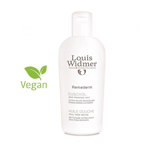 Flasche mit Duschöl von Louis Widmer für sehr trockene Haut, vegan und extra milde Reinigung.