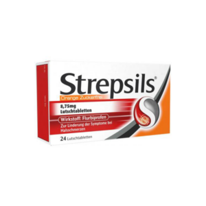 Packung Strepsils zuckerfreie Lutschtabletten mit Flurbiprofen zur Linderung von Halsschmerzen, orangefarben.