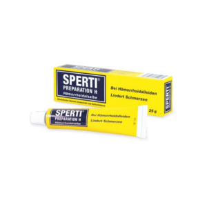 Tube mit Hämorrhoidalsalbe von Sperti in gelber Verpackung, beschriftet zur Schmerzlinderung bei Hämorrhoiden.