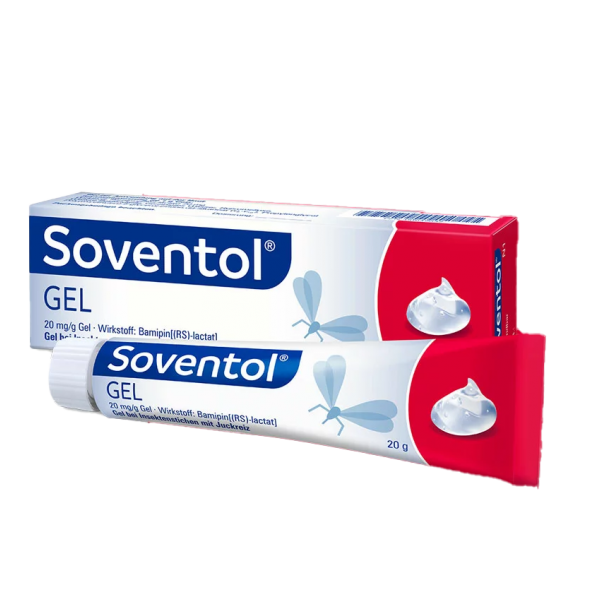 Soventol Gel in einer Tube und Verpackung, Anwendung bei Insektenstichen mit weißen und roten Farben.