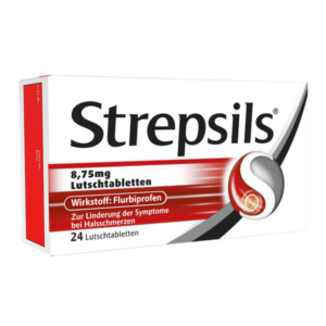 Packung mit 24 Lutschtabletten von Strepsils, Wirkstoff Flurbiprofen zur Linderung von Halsschmerzen.