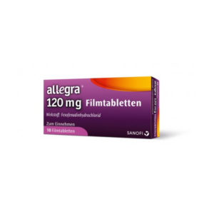 Packung mit Allegra 120 mg Filmtabletten, enthält Fexofenadinhydrochlorid, zur Einnahme.