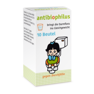 Verpackung für ein Präparat zur Unterstützung der Darmflora, abgebildet mit einem Cartoon-Mädchen auf einer Toilette.