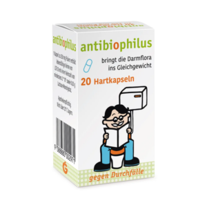 Verpackung von AntibioPhilus, einem Produkt zur Unterstützung der Darmflora mit 20 Hartkapseln, humorvolles Design.