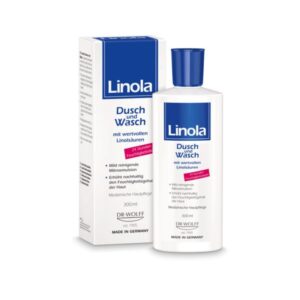 Flasche mit Dusch- und Waschmittel von Linola, präsentiert mit blauem Etikett und detaillierter Produktbeschreibung.