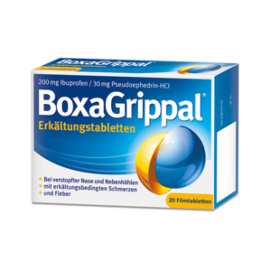 Packung BoxaGrippal Erkältungstabletten mit blauer und gelber Grafik, für die Linderung von Erkältungssymptomen.