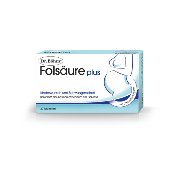 Verpackung von Dr. Böhm Folsäure plus für Kinderwunsch und Schwangerschaft mit Illustrationen einer schwangeren Frau.