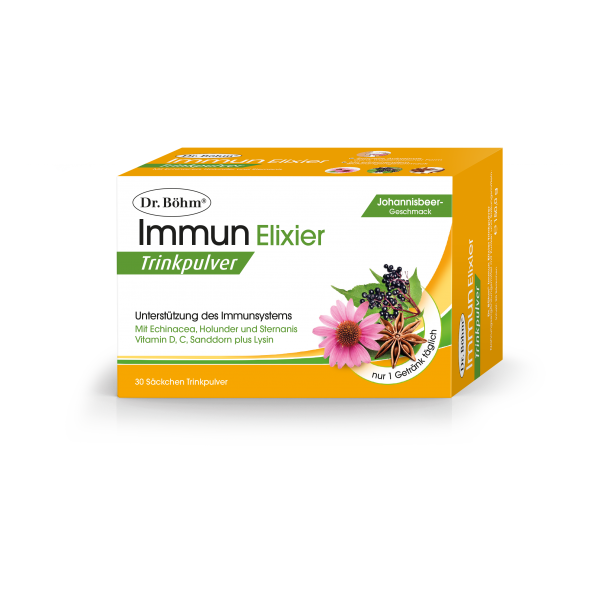 Verpackung von Dr. Böhm's Immun Elixier Trinkpulver mit Johannisbeergeschmack zur Unterstützung des Immunsystems.