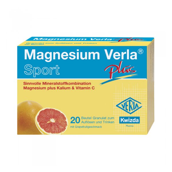 Verpackung von Magnesium Verla Sport mit weißen und blauen Schriftzügen sowie Abbildung einer Grapefruit.
