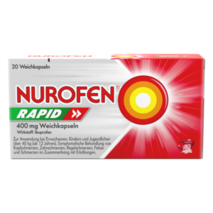 Packung Nurofen Rapid mit 20 Weichkapseln, enthält 400 mg Ibuprofen zur Schmerzbehandlung.