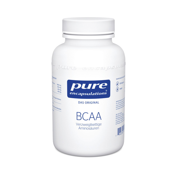 Weißer Kunststoffbehälter mit Schraubverschluss, beschriftet mit 'BCAA' und Informationen zu verzweigtkettigen Aminosäuren.