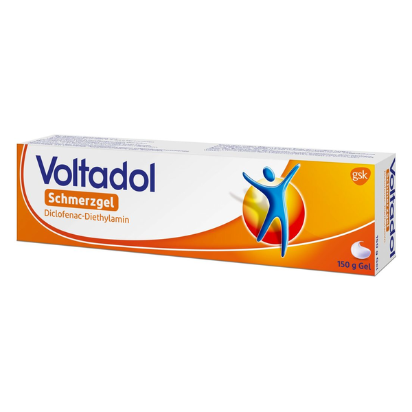 Verpackung von Voltadol Schmerzgel in einer weißen Box mit orangefarbenen Akzenten und blauer Schrift, enthält 150 g Gel.