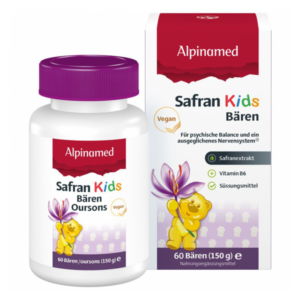 Flasche mit veganen Safran Kids Bären, umgeben von einer Verpackung mit bunten Details und einem Bärenmotiv.