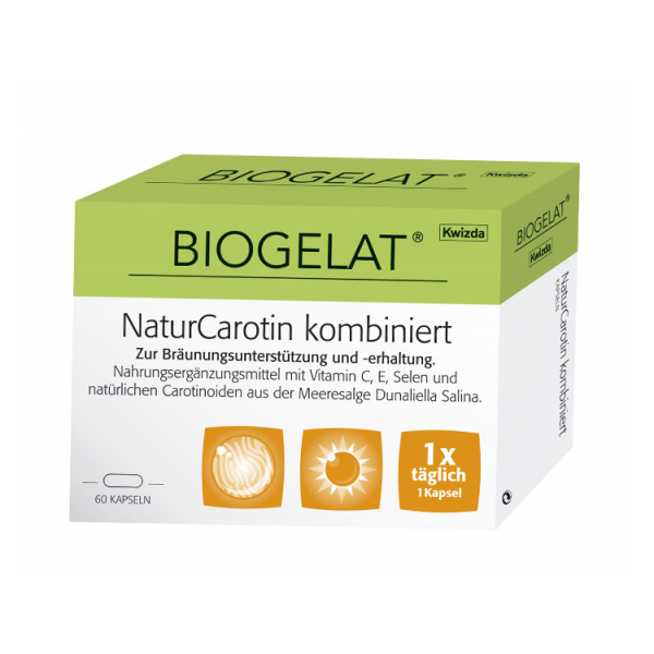 Verpackung des Nahrungsergänzungsmittels Biogelat NaturCarotin mit Kapseln zur Bräunungsunterstützung.