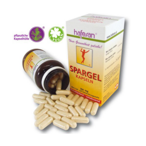 Weißlich-beige Spargelkapseln in einer geöffneten braunen Flasche und einer Verpackung mit Label.