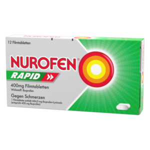 Verpackung von Nurofen Rapid, 12 Filmtabletten mit 400 mg Ibuprofen gegen Schmerzen, grün und rot gestaltet.