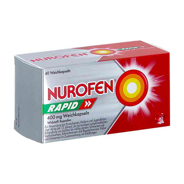 Packung Nurofen Rapid mit 400 mg Weichkapseln zur Schmerzlinderung und Fieberbehandlung.
