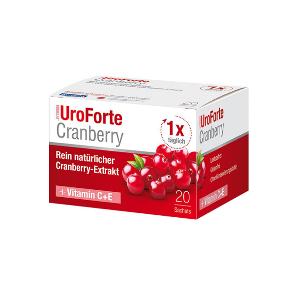 Verpackung von UroForte Cranberry mit natürlichem Cranberry-Extrakt und Vitaminen C und E, in einem Karton mit Beerenillustration.