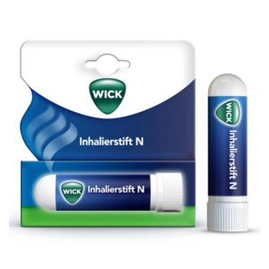 Verpackung mit Inhalierstift N, blauer Hintergrund, logo von WICK, praktische Schlauchform mit Kappe.