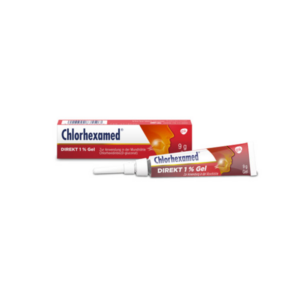 Tube mit 1 % Chlorhexamed Gel in einer Verpackung, Anwendung zur Mundhygiene.