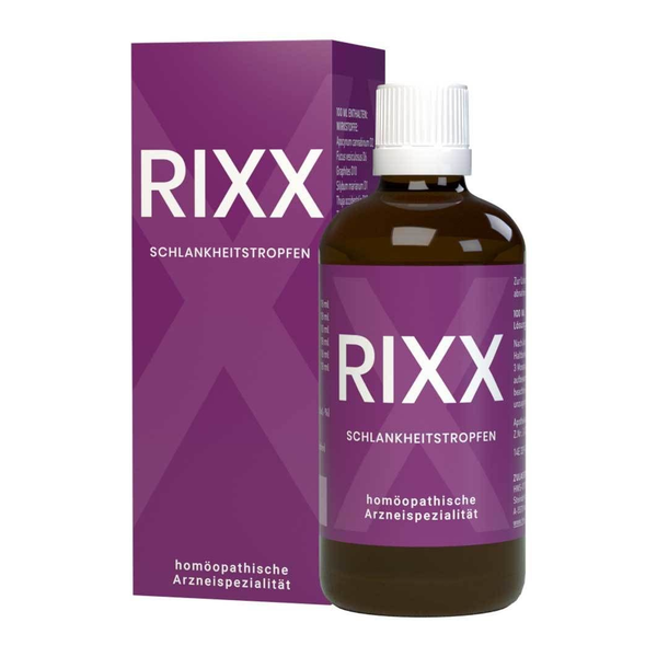 Braune Flasche mit homöopathischen Schlankheitstropfen, umgeben von lila Verpackung mit dem Schriftzug "RIXX".