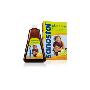 Flasche und Verpackung von Sanostol plus Eisen, einem multivitaminhaltigen Nahrungsergänzungsmittel.