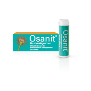 Packung und Röhrchen mit homöopathischen Hustenpellets Osanit, Wirkstoff Drosera D6, zuckerfrei.