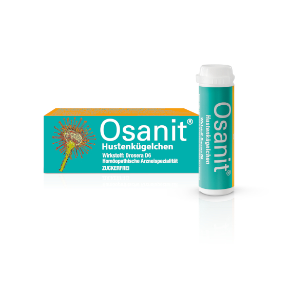 Packung und Röhrchen mit homöopathischen Hustenpellets Osanit, Wirkstoff Drosera D6, zuckerfrei.