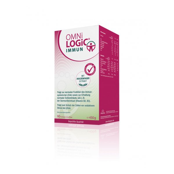 Verpackung des Nahrungsergänzungsmittels OMNI LOGIC IMMUN mit Akazienfaserextrakt, dient der Immunfunktion und Zellschutz.