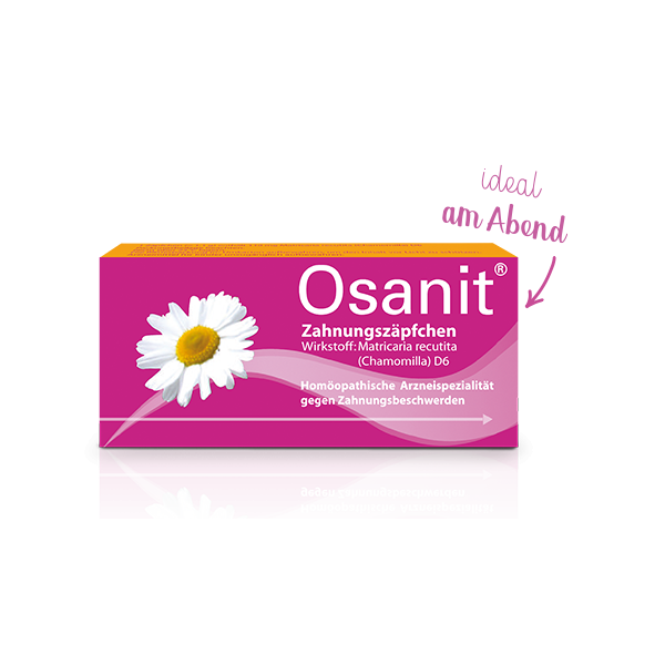Verpackung von Osanit Zahnungssäpfchen mit Kamille, lila Hintergrund, Hinweis auf Anwendung am Abend.